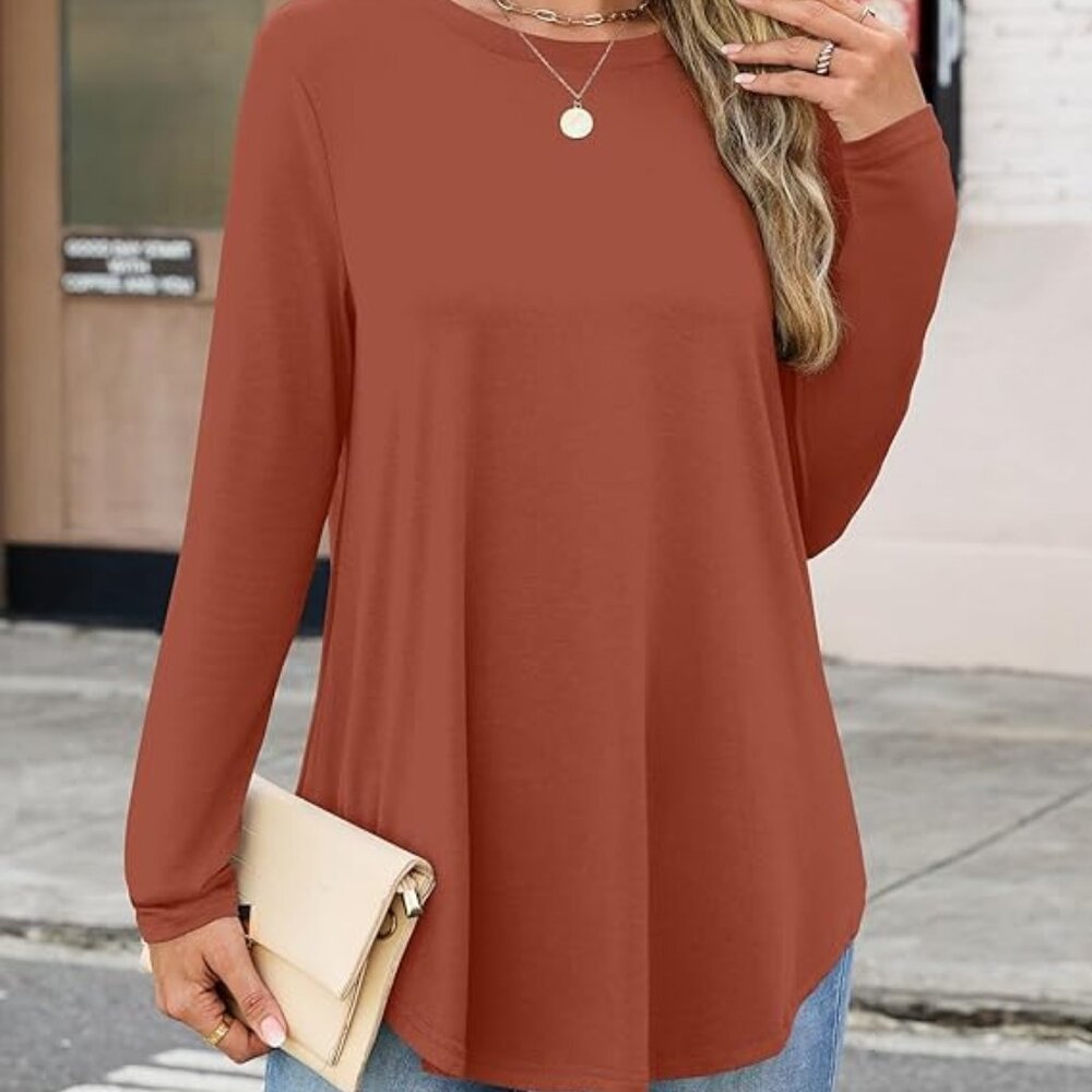 Womens Long Sleeve Shirts Crew Neck Casual Basic Blouse Flowy Loose-Caramel
